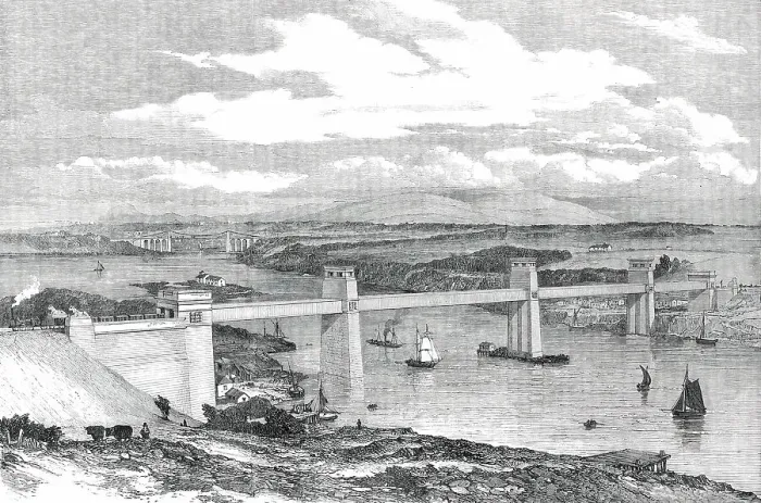 Framed Print : The Britannia Tubular Bridge across the Menai Straits - sketched from the Anglesey Shore, 1850. Creator: Unknown Framed Print : The Britannia Tubular Bridge across the Menai Straits - sketched from the Anglesey Shore, 1850. Creator: Unknown