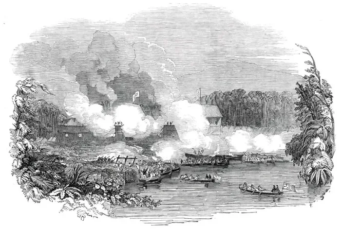 Framed Print : The British Admirals attack on the Borneo pirates, 1845. Creator: Unknown Framed Print : The British Admirals attack on the Borneo pirates, 1845. Creator: Unknown