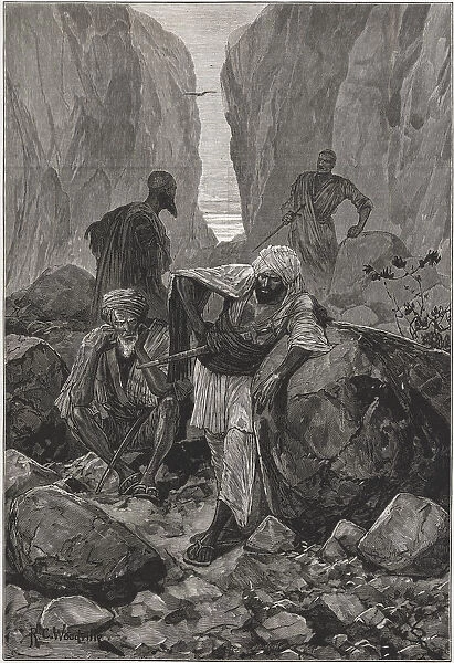 British-Afghan war, Afghan warriors placed in ambush in the Khyber Pass, engraving from 1878