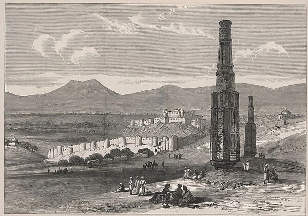 British-Afghan war, fortress and citadel of Ghuzni and two of its minarets in Afghanistan