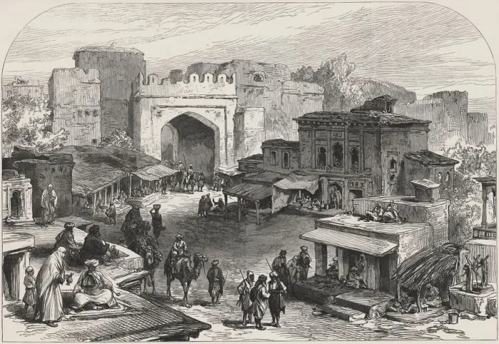 Framed Print : British-Afghan war, scenes in the city of Kabul. Afghanistan entrance gate and market bazaars Framed Print : British-Afghan war, scenes in the city of Kabul. Afghanistan entrance gate and market bazaars