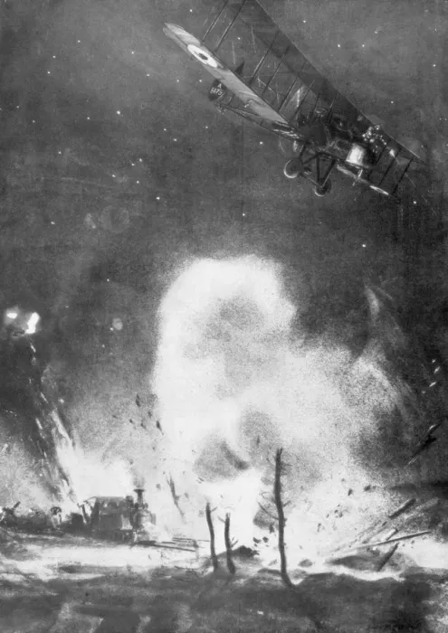 Framed Print : British air bombardment over the German lines, World War I, 1914-1918 (1926). Artist: Joseph Simpson Framed Print : British air bombardment over the German lines, World War I, 1914-1918 (1926). Artist: Joseph Simpson