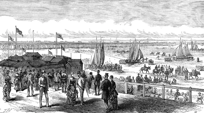 Framed Print : The British Association at Southport: the Sands and Pier, 1883. Creator: Unknown Framed Print : The British Association at Southport: the Sands and Pier, 1883. Creator: Unknown