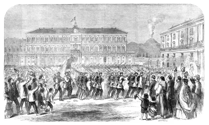 Framed Print : The British brigade marching into the Largo St. Francesco di Paola, Naples... 1860. Creator: Unknown Framed Print : The British brigade marching into the Largo St. Francesco di Paola, Naples... 1860. Creator: Unknown