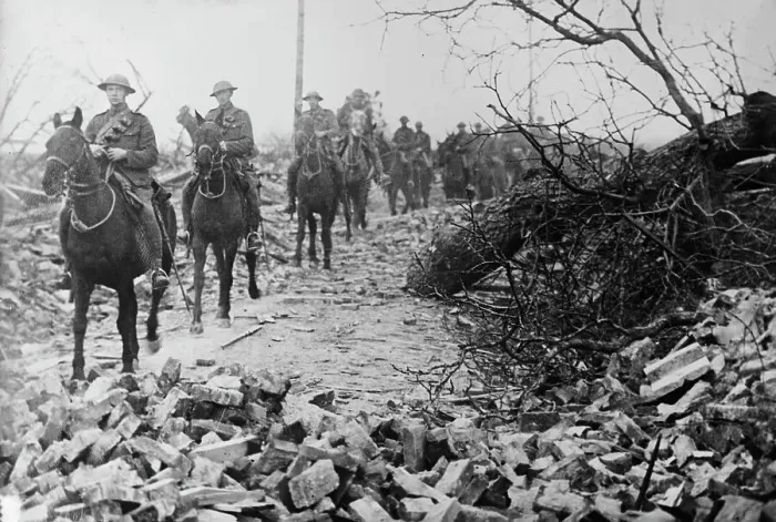 Framed Print : British Cavalry passing thro wrecked village, 21 Apr 1917.. Creator: Bain News Service Framed Print : British Cavalry passing thro wrecked village, 21 Apr 1917.. Creator: Bain News Service