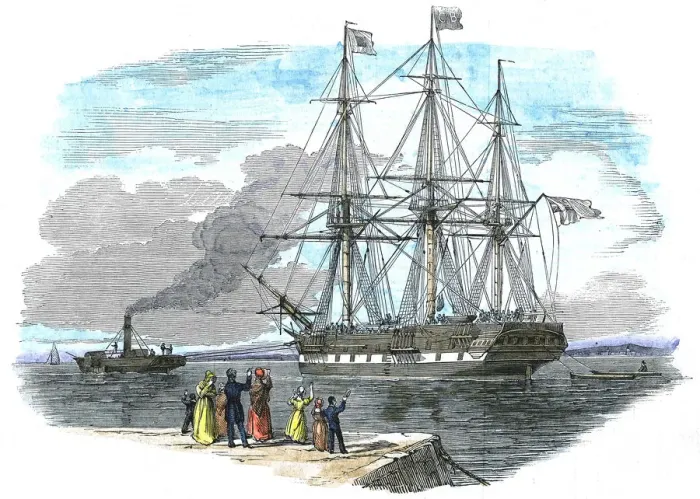 Framed Print : British emigrant ship being towed out of harbour before setting sail for Sydney, Australia Framed Print : British emigrant ship being towed out of harbour before setting sail for Sydney, Australia