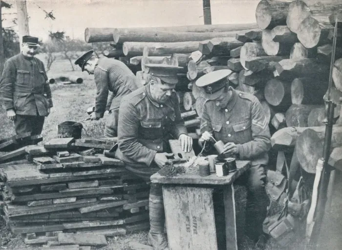 Framed Print : British engineers with the Expeditionary Force making hand grenades out of tobacco tins, c1914 Framed Print : British engineers with the Expeditionary Force making hand grenades out of tobacco tins, c1914