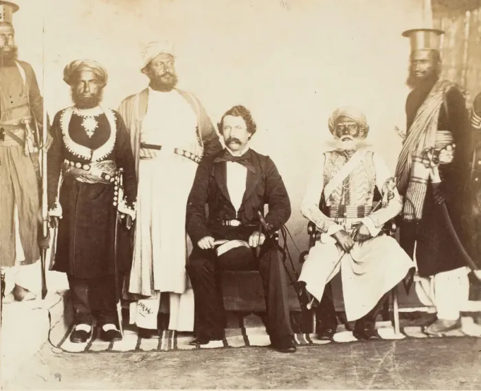 Framed Print : British Gentleman with Group of Eastern Potentates, 1860s. Creator: Unknown Framed Print : British Gentleman with Group of Eastern Potentates, 1860s. Creator: Unknown