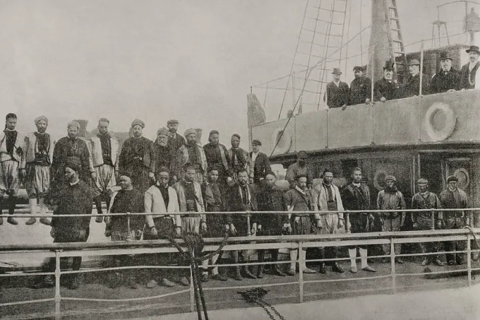Framed Print : British men, captured by troops of the Sultan, on board the steamship 'Al-Hassani', Morocco, 1898. Creator: Unknown Framed Print : British men, captured by troops of the Sultan, on board the steamship 'Al-Hassani', Morocco, 1898. Creator: Unknown