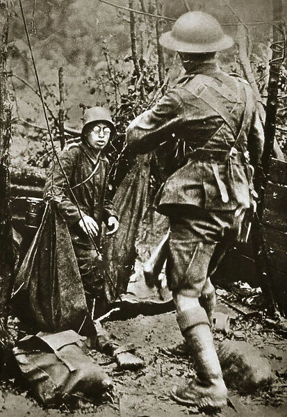 British mopping-up squad surprises a German straggler, World War I, Aisne, France, 1918