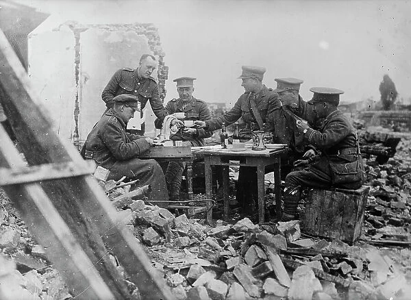 British officers' luncheon in wrecked village, 1917 25 April 1917. Creator: Bain News Service