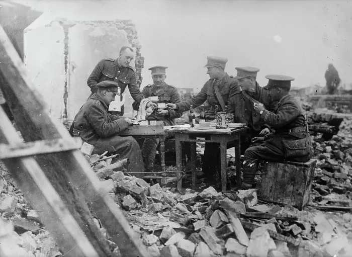 Framed Print : British officers luncheon in wrecked village, 1917 25 April 1917. Creator: Bain News Service Framed Print : British officers luncheon in wrecked village, 1917 25 April 1917. Creator: Bain News Service