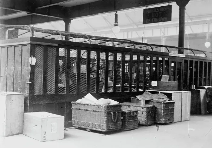 Framed Print : British parcels post -cage for reg. Parcels, between c1910 and c1915. Creator: Bain News Service Framed Print : British parcels post -cage for reg. Parcels, between c1910 and c1915. Creator: Bain News Service