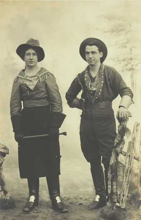 Framed Print : British prisoners of war in cowboy and cowgirl costumes posing at...(1910 - 1919?). Creator: Paul Tharan Framed Print : British prisoners of war in cowboy and cowgirl costumes posing at...(1910 - 1919?). Creator: Paul Tharan