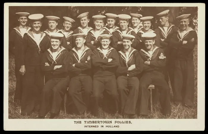 Framed Print : British prisoners of war posing for 'The Timbertown Follies', at a prisoner of war...[1910-1919?]. Creator: Unknown