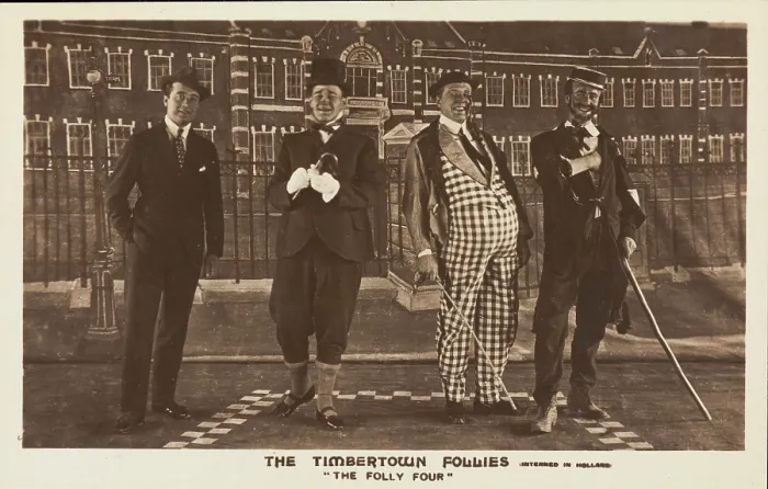 Framed Print : Four British prisoners of war, posing for 'The Timbertown Follies', at a prisoner... [1910-1919?]. Creator: Unknown