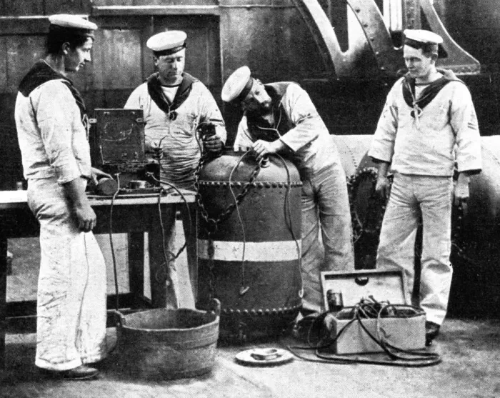 Framed Print : British sailors wiring a mine, First World War, 1914 Framed Print : British sailors wiring a mine, First World War, 1914
