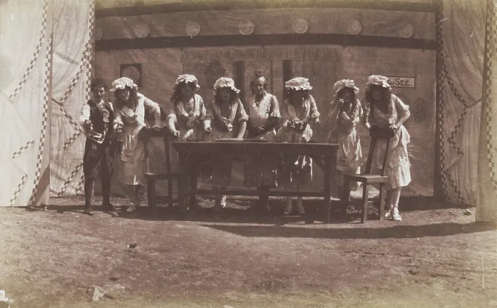 Framed Print : British servicemen in drag acting out a cooking class, 1918. Creator: Unknown Framed Print : British servicemen in drag acting out a cooking class, 1918. Creator: Unknown