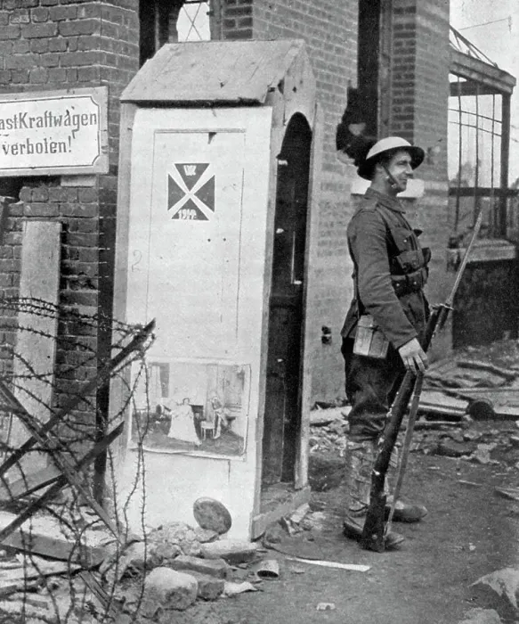 Framed Print : A British soldier on sentry duty after the fall of Peronne, France, First World War, 1917, (c1920) Framed Print : A British soldier on sentry duty after the fall of Peronne, France, First World War, 1917, (c1920)