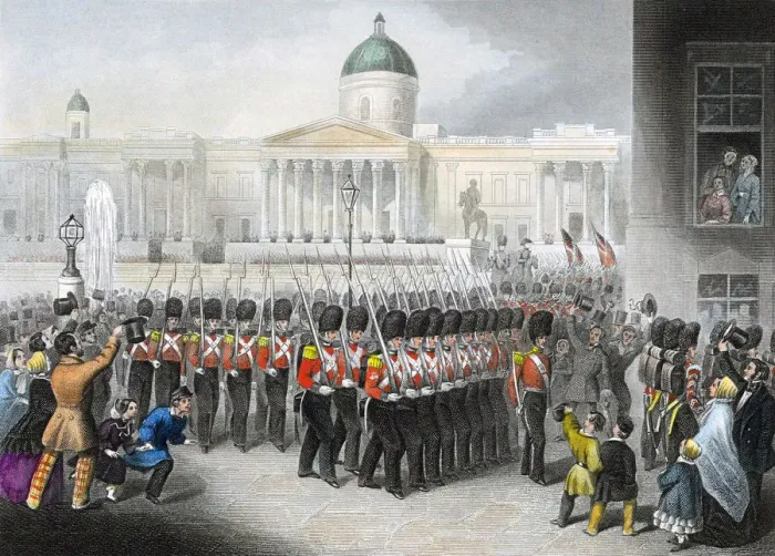 Framed Print : British soldiers leaving for the Crimean War (Russo-Turkish War) 1853-1856, (c1860) Framed Print : British soldiers leaving for the Crimean War (Russo-Turkish War) 1853-1856, (c1860)