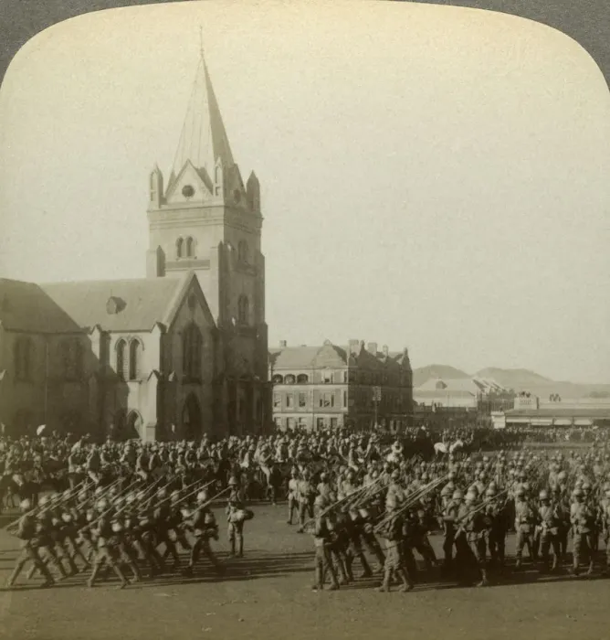 Framed Print : British soldiers reviewed by Lord Roberts, Public Square, Pretoria, South Africa, Boer War, 1900. Artist: Underwood & Underwood Framed Print : British soldiers reviewed by Lord Roberts, Public Square, Pretoria, South Africa, Boer War, 1900. Artist: Underwood & Underwood