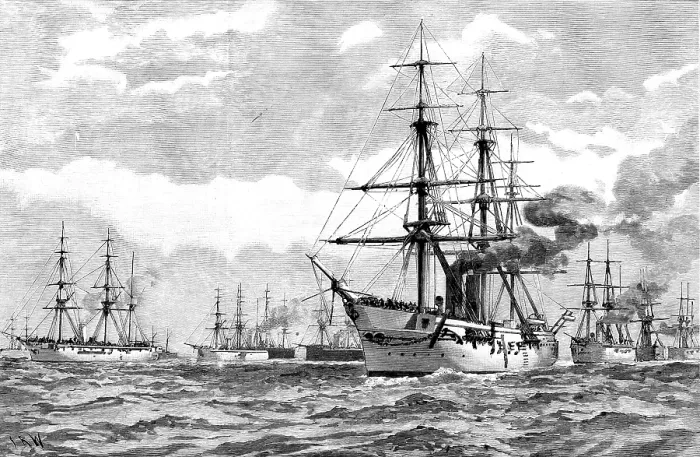 Framed Print : The British Squadron cruising in Mozambique Channel under Rear-Admiral Sir E. R. Fremantle, 1890. Creator: Unknown Framed Print : The British Squadron cruising in Mozambique Channel under Rear-Admiral Sir E. R. Fremantle, 1890. Creator: Unknown