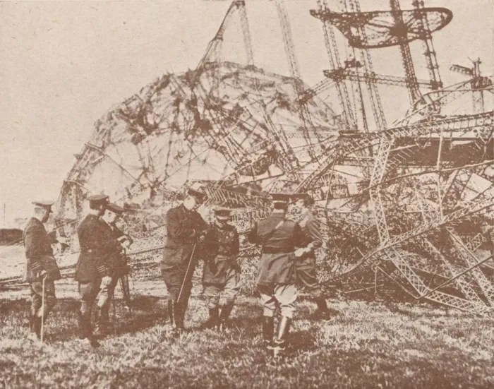 Framed Print : British staff officers examining the wreckage of a Zeppelin brought down in England, c1917 (1919) Framed Print : British staff officers examining the wreckage of a Zeppelin brought down in England, c1917 (1919)