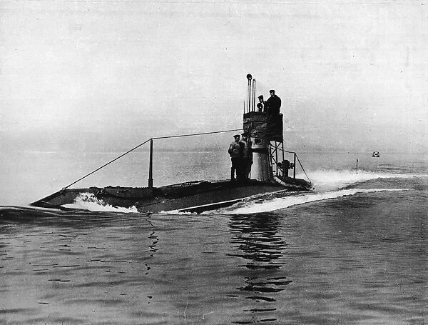 A British submarine running on the surface of the water, 1914