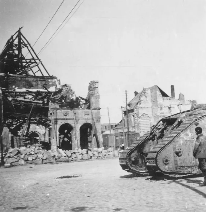 Framed Print : British tank in front of ruined buildings, Peronne, France, World War I, c1916-c1918. Artist: Nightingale & Co Framed Print : British tank in front of ruined buildings, Peronne, France, World War I, c1916-c1918. Artist: Nightingale & Co