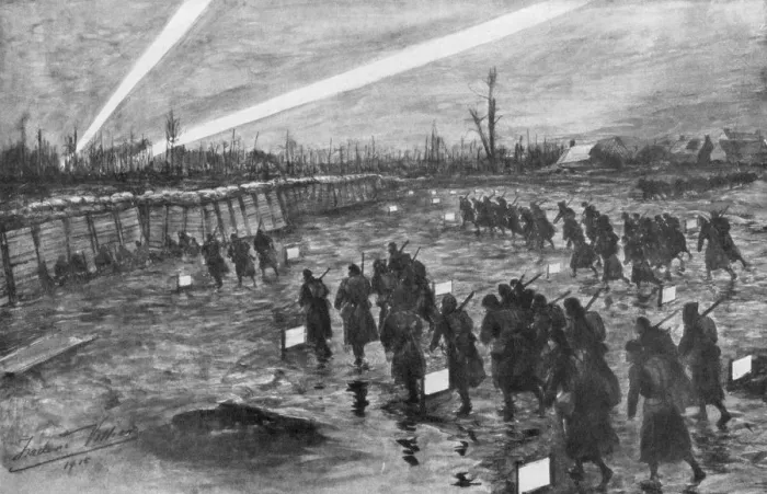 Framed Print : British troops advance under cover of darkness, Neuve-Chapelle, France, 10 March 1915, (1926). Artist: Frederic Villiers