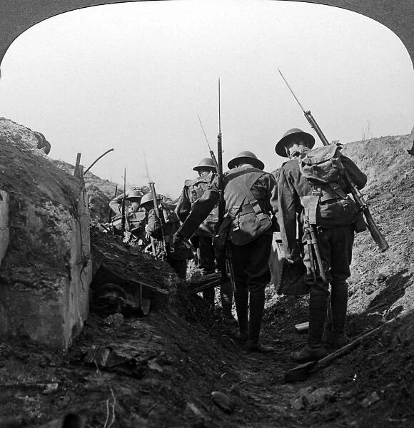 British troops in a captured trench, Hindenburg Line, France, World War I, 1917-1918. Artist: Realistic Travels Publishers