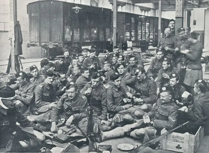 Framed Print : British troops having a meal in a French Railway Station, c1914 Framed Print : British troops having a meal in a French Railway Station, c1914