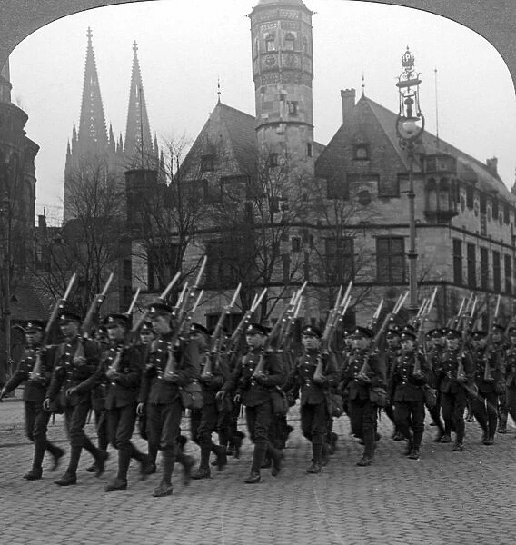 British troops marching in Cologne, Germany, 1918-1926. Artist: Realistic Travels Publishers