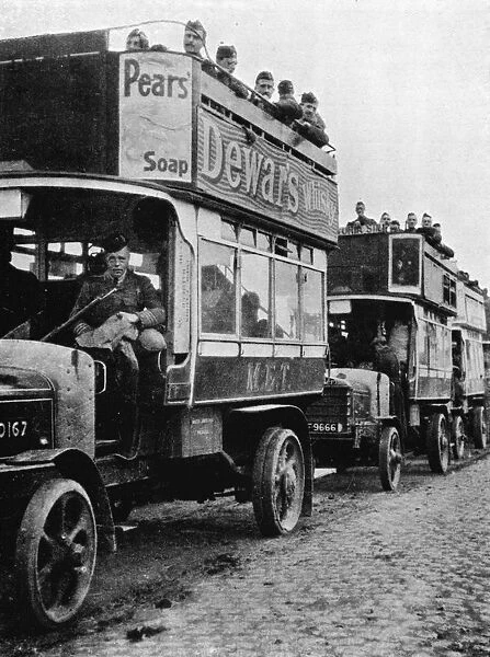British troops being moved to a fresh part of the line by motor buses, 1915