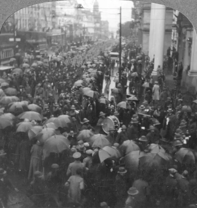Framed Print : British troops parading on Adderley Street, Cape Town, South Africa, World War I, c1914-c1918. Artist: Realistic Travels Publishers Framed Print : British troops parading on Adderley Street, Cape Town, South Africa, World War I, c1914-c1918. Artist: Realistic Travels Publishers