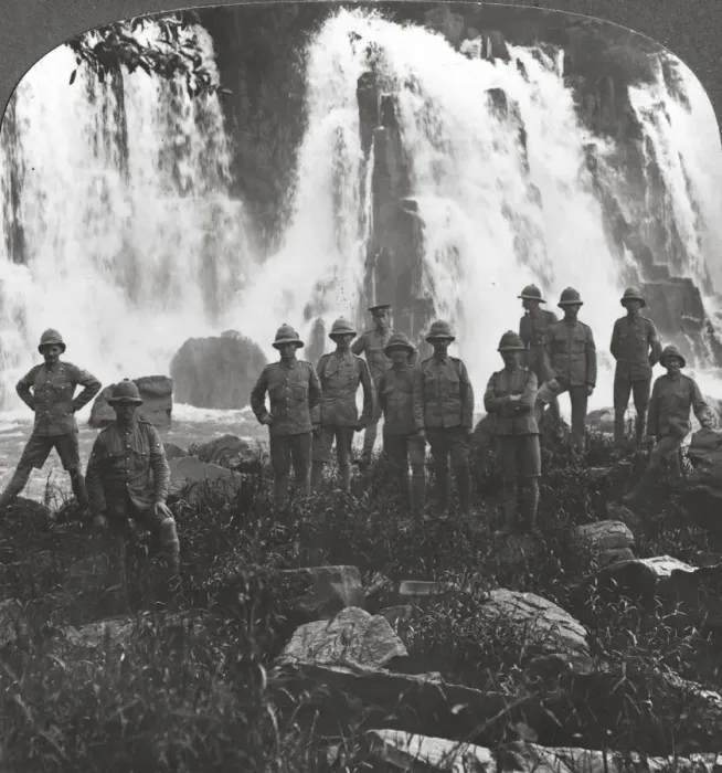 Framed Print : British troops refreshing themselves at a waterfall, Africa, World War I, c1914-c1918. Artist: Realistic Travels Publishers Framed Print : British troops refreshing themselves at a waterfall, Africa, World War I, c1914-c1918. Artist: Realistic Travels Publishers
