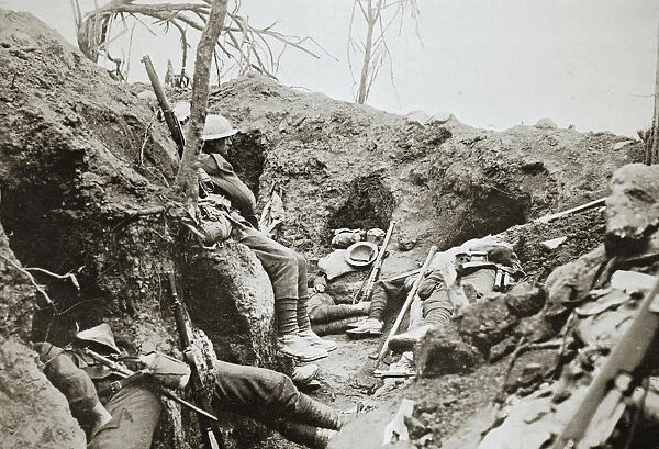 British troops resting in a captured German trench, Somme campaign, France, World War I, 1916