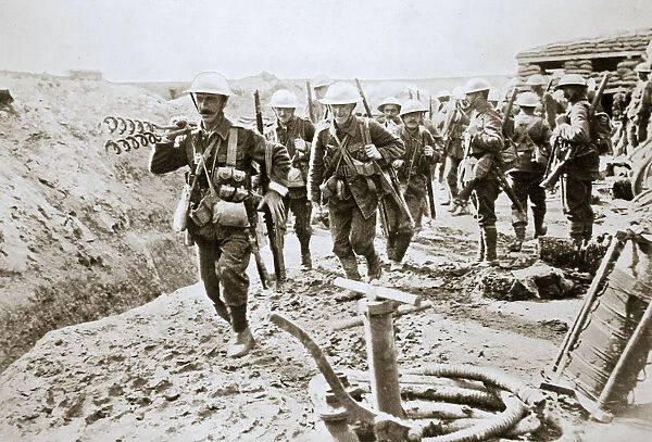A British wiring party going up to the trenches, Somme campaign, France, World War I, 1916