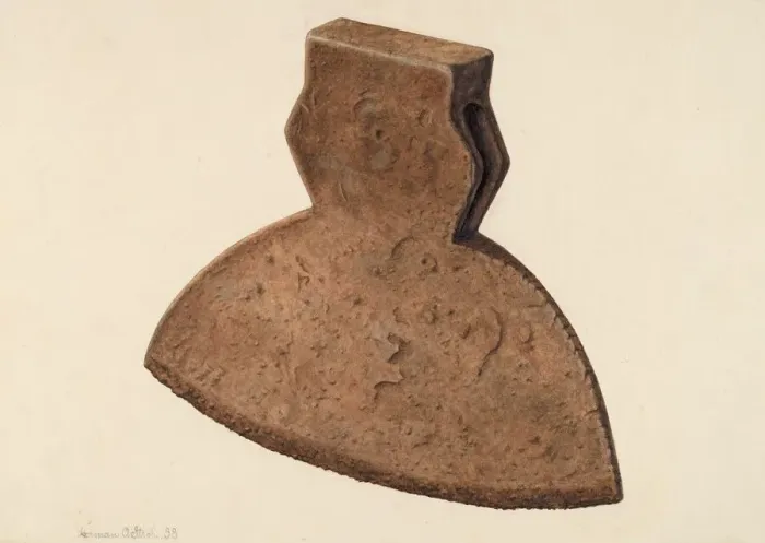 Framed Print : Broad Axe Head, 1938. Creator: Herman O. Stroh Framed Print : Broad Axe Head, 1938. Creator: Herman O. Stroh
