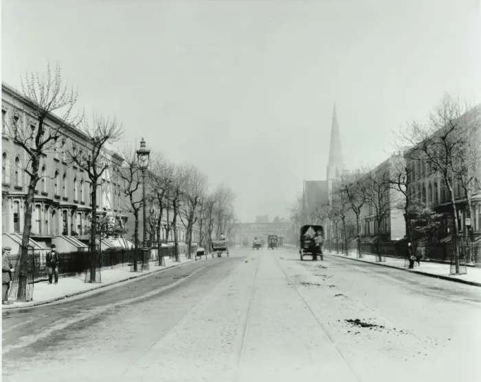 Framed Print : Broad tree-lined street with tramlines, Burdett Road, Stepney, London, 1912 Framed Print : Broad tree-lined street with tramlines, Burdett Road, Stepney, London, 1912