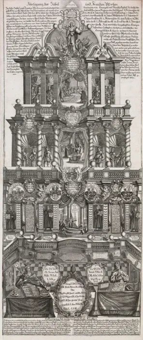 Framed Print : Broadsheet in Commemoration of the 200th Anniversary of the Augsburg Confession of 153... ca. 1730. Creator: Johann Gottfried Boeck Framed Print : Broadsheet in Commemoration of the 200th Anniversary of the Augsburg Confession of 153... ca. 1730. Creator: Johann Gottfried Boeck