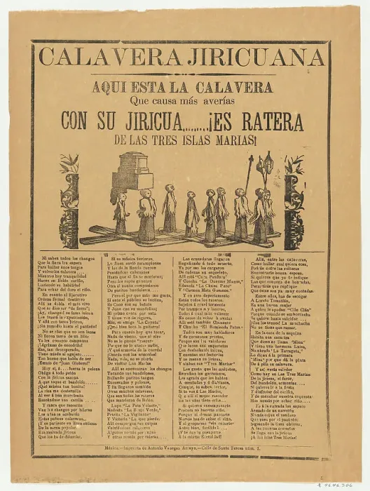 Framed Print : Broadsheet relating to the calavera (skeleton) Jiricuana, a corrida (ballad) in t... ca. 1895-1910. Creator: Anon Framed Print : Broadsheet relating to the calavera (skeleton) Jiricuana, a corrida (ballad) in t... ca. 1895-1910. Creator: Anon