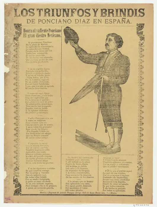 Framed Print : Broadsheet relating to the triumphs of the bullfighter Ponciano Diaz in Spain, a co... ca. 1900-10. Creator: Anon Framed Print : Broadsheet relating to the triumphs of the bullfighter Ponciano Diaz in Spain, a co... ca. 1900-10. Creator: Anon
