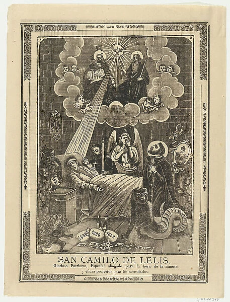 Broadsheet with Saint Camilo de Lelis in bed surrounded by demons, priests and the... ca. 1900-10. Creator: Anon