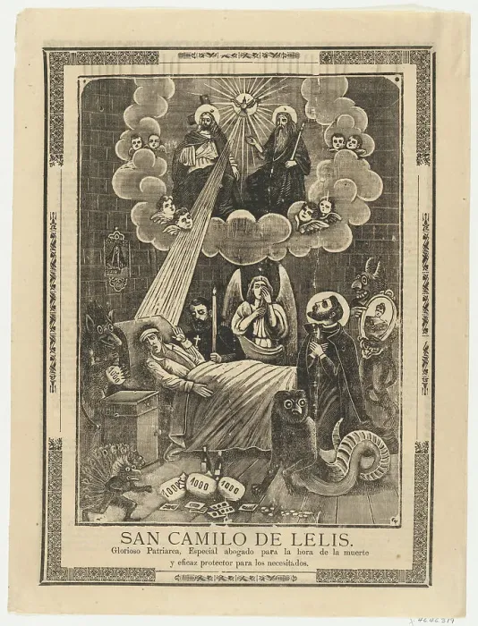 Framed Print : Broadsheet with Saint Camilo de Lelis in bed surrounded by demons, priests and the... ca. 1900-10. Creator: Anon Framed Print : Broadsheet with Saint Camilo de Lelis in bed surrounded by demons, priests and the... ca. 1900-10. Creator: Anon