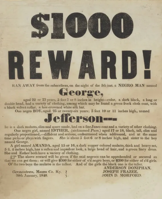 Framed Print : Broadside offering reward for capture of George, Jefferson, Esther, and Amanda Framed Print : Broadside offering reward for capture of George, Jefferson, Esther, and Amanda