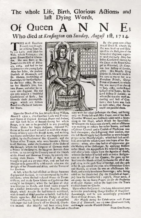 Framed Print : Broadside published on the death of Queen Anne, 1714 (1906) Framed Print : Broadside published on the death of Queen Anne, 1714 (1906)