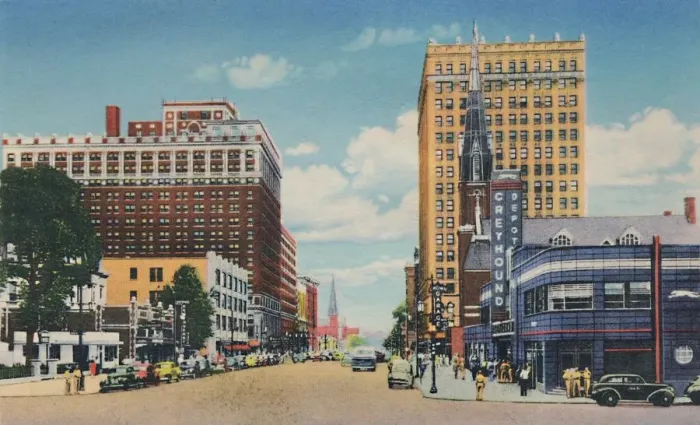 Framed Print : Broadway Looking East, 1942. Artist: Caufield & Shook Framed Print : Broadway Looking East, 1942. Artist: Caufield & Shook