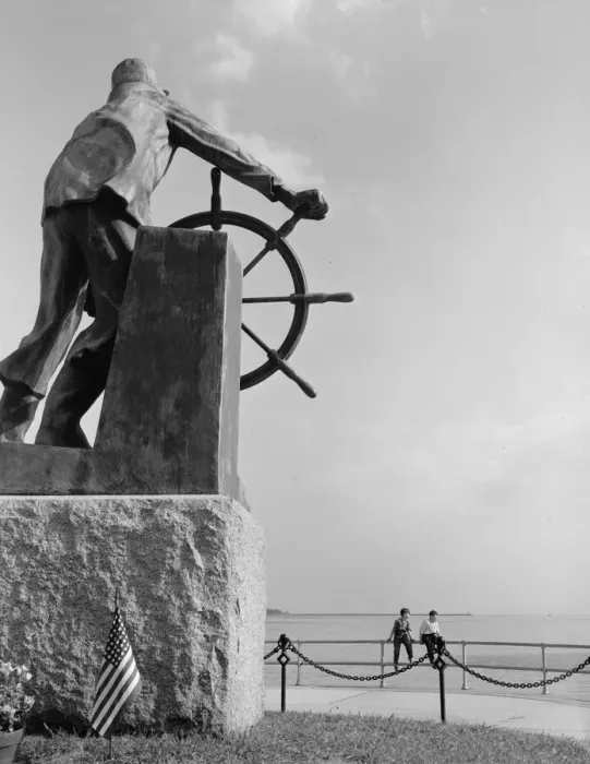 Framed Print : The bronze fisherman, a memorial to men lost at sea, Gloucester, Massachusetts, 1943. Creator: Gordon Parks Framed Print : The bronze fisherman, a memorial to men lost at sea, Gloucester, Massachusetts, 1943. Creator: Gordon Parks