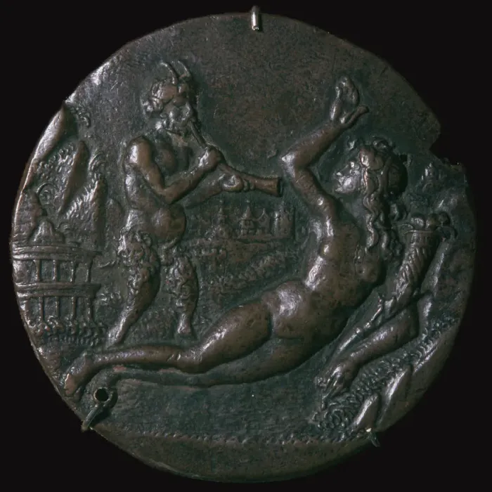 Framed Print : Bronze medallion of Abundance and a Satyr, 15th century. Artist: Antonio de Brescia Framed Print : Bronze medallion of Abundance and a Satyr, 15th century. Artist: Antonio de Brescia